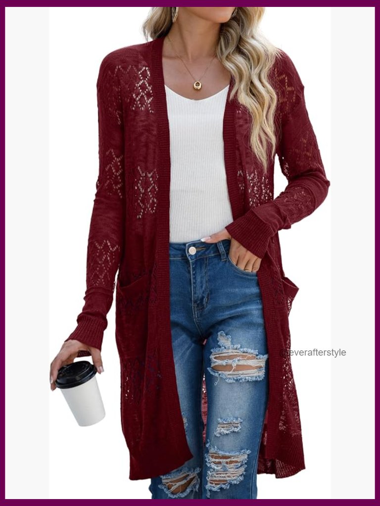 Lightweight Long Cardigan Sweater With Pockets Crochet Open-Front
